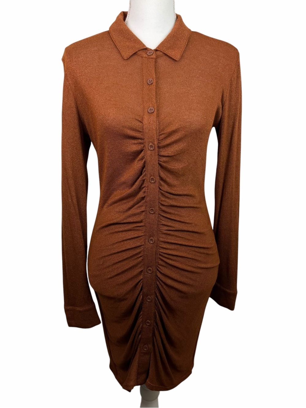l*space | Scarlett Rust Brown Ruched Button Long Sleeve Dress